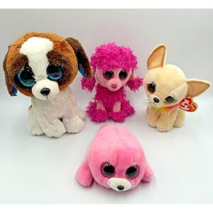 Ty Beanie Boos Lot Of 4 Animals, 3 Dogs & 1‎ Seal - Chihuahua Has Heart Tag